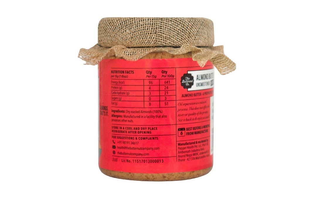The Butternut Co. Unsweetned Almond Butter, Creamy   Glass Jar  200 grams